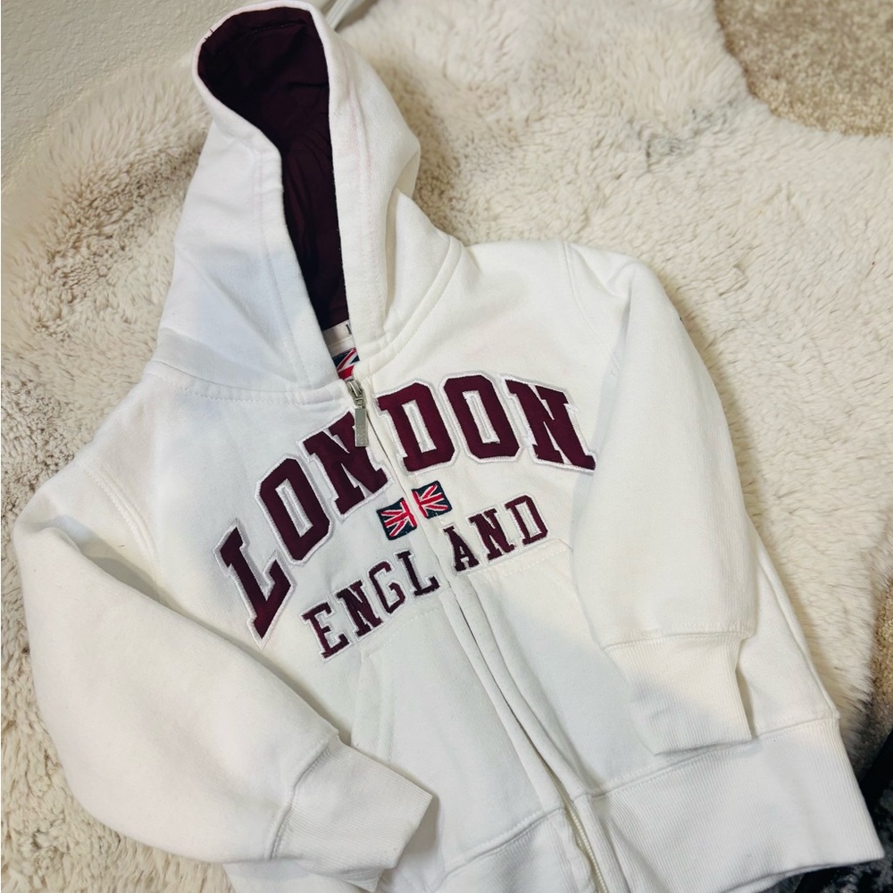 London England White Kids Hoodie with Maroon Accents